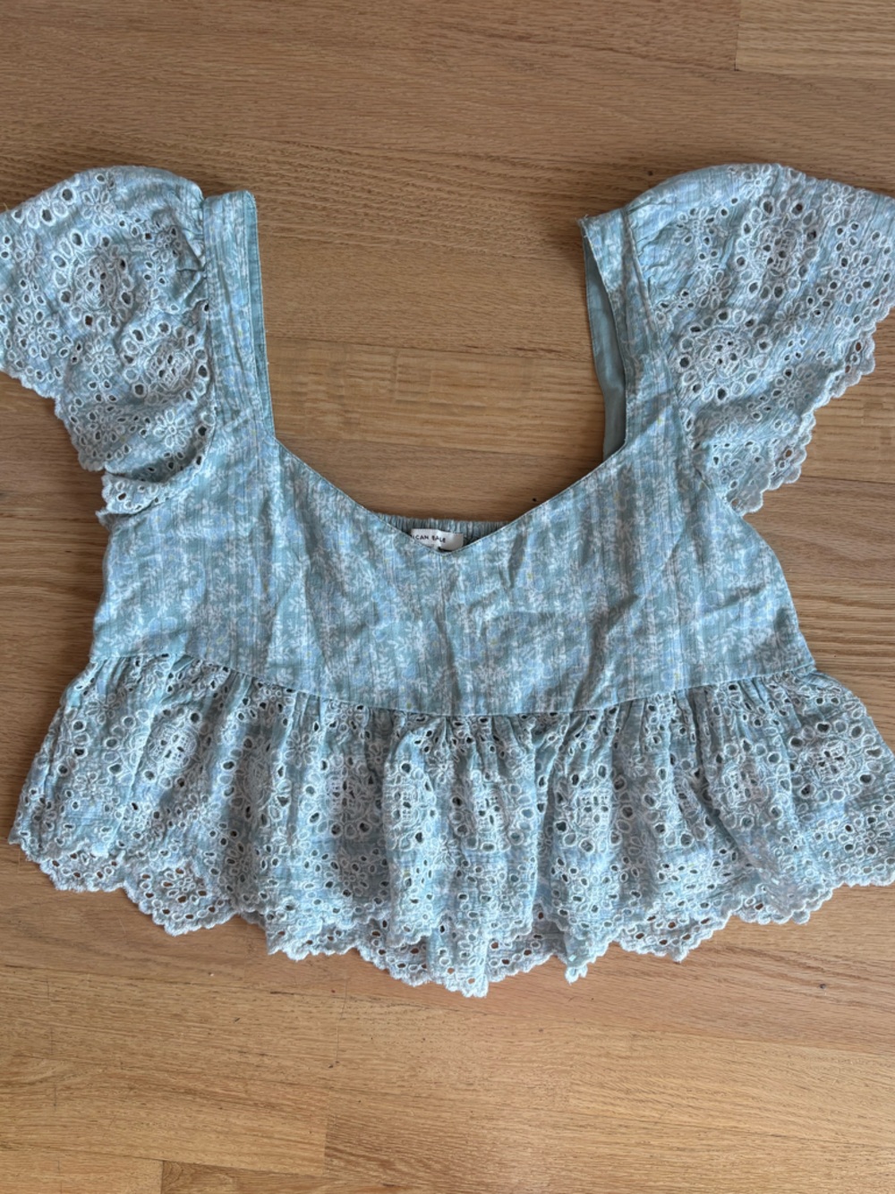 American Eagle Outfitters baby Blue Eyelet Crop Top with Ruffles